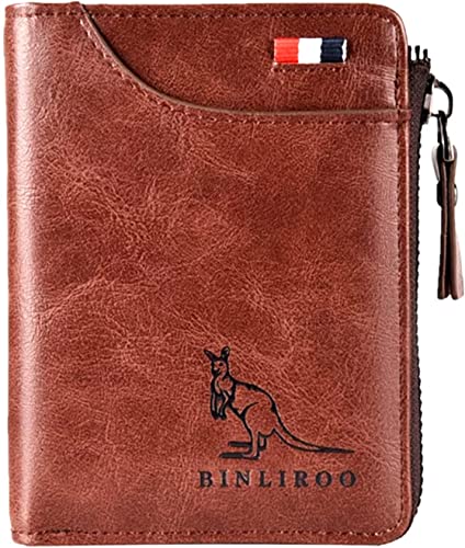 Binley Känguru Geldbörse aus Leder für Herren mit Reißverschluss, RFID-blockierend, Bifold Wallet mit separatem Ausweis-Kartenfenster,, Rot Braun 2, 5, 3 von YTDZ