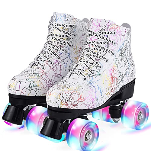 Damen Klassische Retro Rollschuhe,Rollschuhe mit Vier Rollen in Doppelreihe,Classic Roller, Rollschuhe für Kinder,LED Rollschuhe, ideal für Anfänger, komfortable Roller-Skates (Weiß-1, 36) von YUDOXN