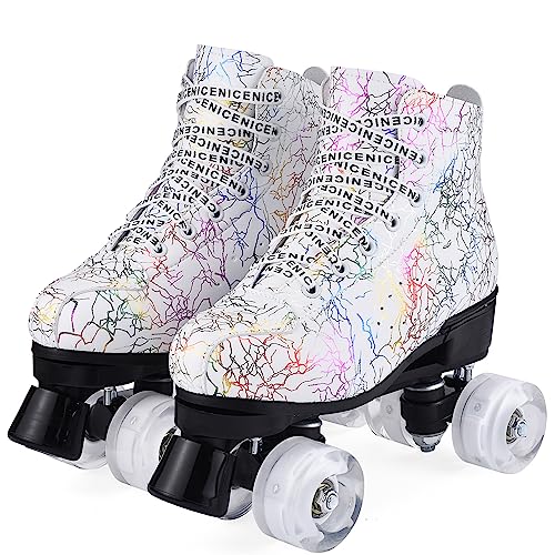 Damen Klassische Retro Rollschuhe,Rollschuhe mit Vier Rollen in Doppelreihe,Classic Roller, Rollschuhe für Kinder,LED Rollschuhe, ideal für Anfänger, komfortable Roller-Skates (Weiß-1, 43) von YUDOXN