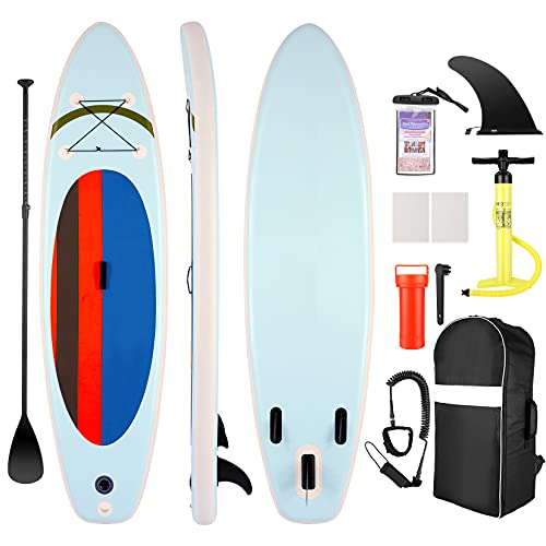 Aufblasbares SUP Board, Stand Up Paddle Board mit Alu-Paddel, Doppelhub-Handpumpe, Knöchelband, Rucksack, wasserdichte Tasche von YUEBO