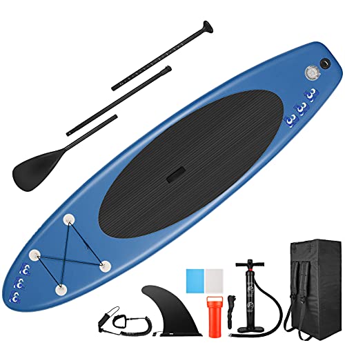 Aufblasbares SUP Board, Stand Up Paddle Board mit verstellbare Alu-Paddel, Hand Pumpe, Knöchelband, Zentrale Flosse, Großer Rucksack (TIEF-BLAU) von YUEBO