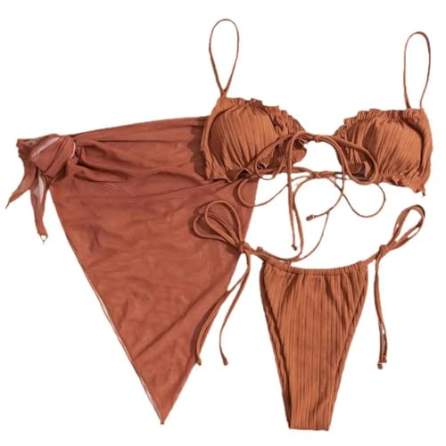 YUECIBAI Bikini Badeanzug Damen 3 Stück Set Plissee Trim Bikini Cover Up Set Sling BH Low Rise Slip Rock Set Beach Wear L Kaffee von YUECIBAI