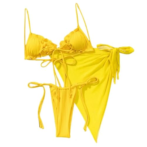 YUECIBAI Bikini Badeanzug Damen 3 Stück Set Plissee Trim Bikini Cover Up Set Sling BH Low Rise Slip Rock Set Beach Wear XL Gelb von YUECIBAI