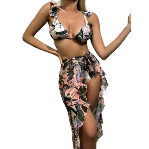 YUECIBAI Bikini Badeanzug Damen 3 Teile/Satz Micro Triangle Fliegende Ärmel Bikini Rock Set Elastische Taille Blumen Druck BH Tanga Rüsche Trim Cover Up Für Schwimmen M Grün von YUECIBAI