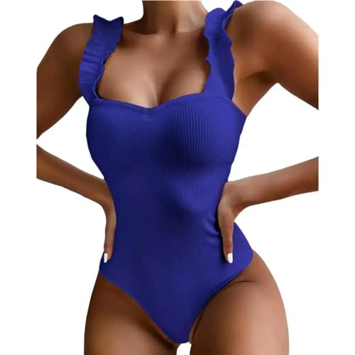 YUECIBAI Bikini Badeanzug Damen Bademode Charming Atmungsaktiv Frauen Rüschen Schulter Gurte Bodysuit Badeanzug M Blau von YUECIBAI