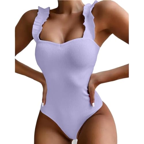 YUECIBAI Bikini Badeanzug Damen Bademode Charming Atmungsaktiv Frauen Rüschen Schulter Gurte Bodysuit Badeanzug M Lila von YUECIBAI