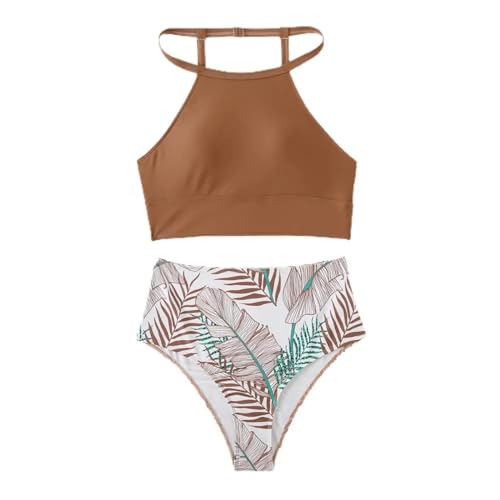 YUECIBAI Bikini Badeanzug Damen Bikini Set Eye-Attraktiver Elastischer Badeanzug Print Mit Hoher Taille Badeanzug XL Kaffee von YUECIBAI