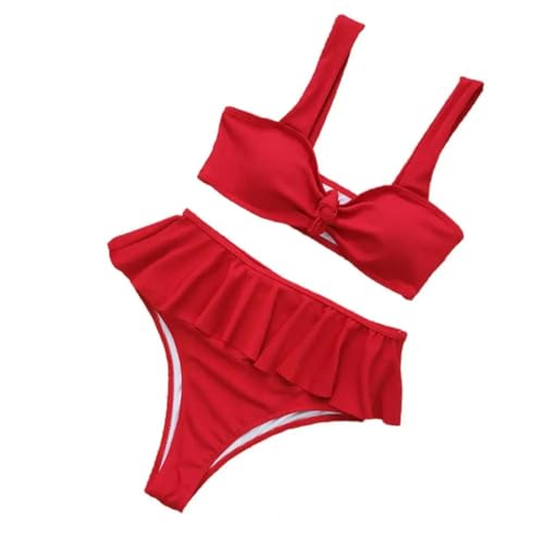 YUECIBAI Bikini Badeanzug Damen Breite Schulter Gurte Rüschen Saum Gerippte Mädchen Bikini Set BH Hohe Taille Höschen Badeanzug Für Wasser Aktivität L Rot von YUECIBAI