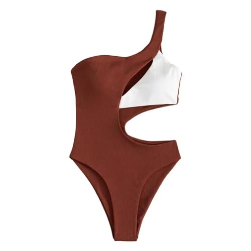 YUECIBAI Bikini Badeanzug Damen Einschulter-Kontrast Farbe Hohl Ärmelloses Schwimmen Patchwork Elastisch Damen Badeanzug Lady XL Braun von YUECIBAI