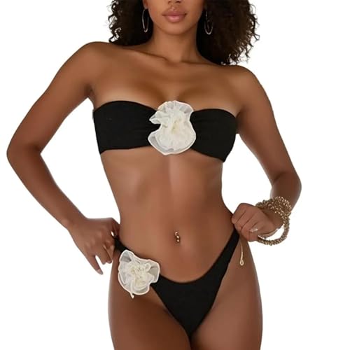 YUECIBAI Bikini Badeanzug Damen Floral Bikini Set Lady Exposed Beach Wear Off Shoulder Damen Bikini Set Dekor Weich Für Lady M Black White von YUECIBAI