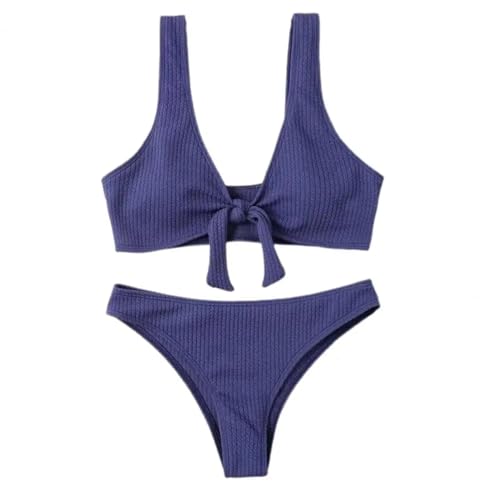 YUECIBAI Bikini Badeanzug Damen Frauen Bikini Einfarbig Bogen Zweiteilige Schulter Freie Badekleidung Beach Wear L Darkblue von YUECIBAI