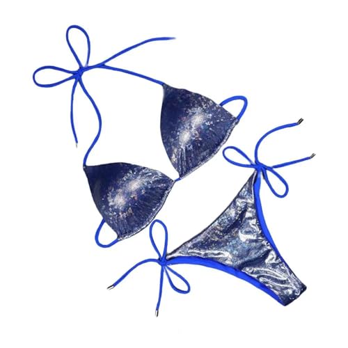 YUECIBAI Bikini Badeanzug Damen Frauen Bikini Set Glatte Oberfläche Reflektierende Gepolsterte Draht Frei Rücken Frei Frauen Bademode XL Blau von YUECIBAI