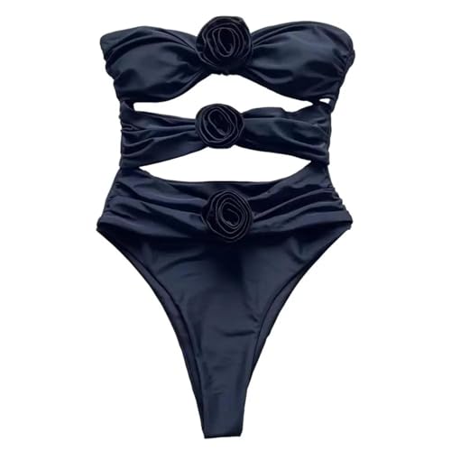 YUECIBAI Bikini Badeanzug Damen Plissierter Einteiliger Badeanzug Schulter Frei Mit 3D-Blumendekor Rücken Freies Design Für Frauen Für Lady M Schwarz von YUECIBAI