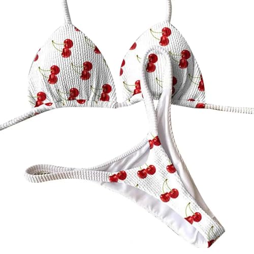 YUECIBAI Bikini Badeanzug Damen Print Badeanzug Frauen Badeanzug Print Bikini Set Cherry Print Tanga Badeanzug Sexy High Für Frauen L Weiß von YUECIBAI