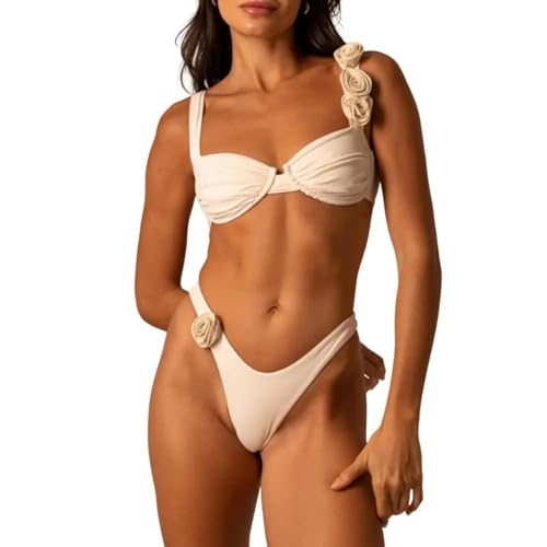 YUECIBAI Bikini Badeanzug Damen Push-Up Gepolstertes Bikini-Top-Set Floral Bikini-Set Mit Gefalzter Draht Gepolsterter BH Mit Hoher Taille Einfarbig Für Frauen L Beige von YUECIBAI