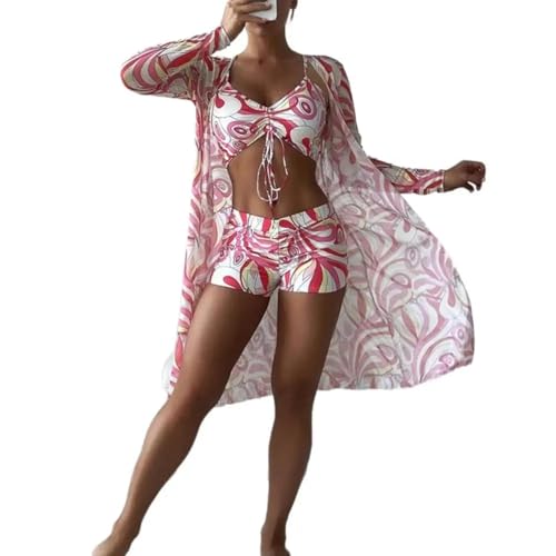 YUECIBAI Bikini Badeanzug Damen Triangle Cup Badeanzug Bedruckte Strand Strickjacke Bikini Set Floral Print Bikini Set Mit Hoher Taille Shorts Push-Up Für Damen M Rot von YUECIBAI