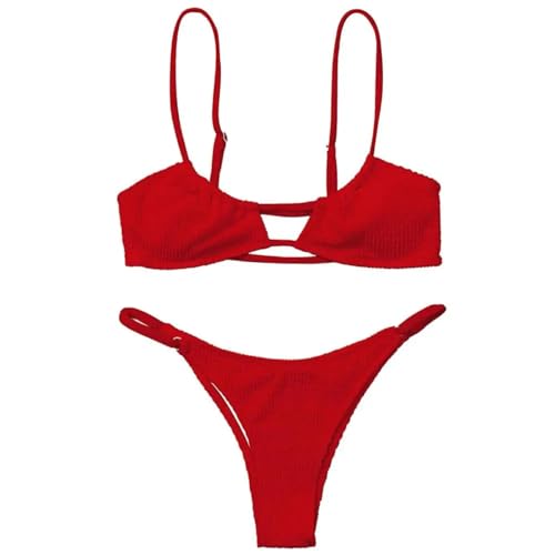 YUECIBAI Bikini Badeanzug Damen Zweiteiliges Bikini-Set Weiches Bikini-Set Für Damen 2-Teiliges Badeanzug-Set Mit Gurt Rücken Freies Design Hohe Taille Für Schnelles L-Rot von YUECIBAI