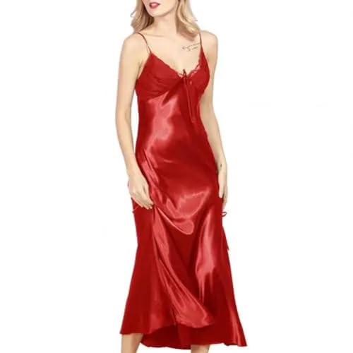 YUECIBAI Hübsche Kleid Kleider Dress Seiden-Nachthemd Frauen Plissierte V-Ausschnitt Ärmel Los Seiden-Nachthemd Frauen Plissierte V-Ausschnitt Ärmel Los M Rot von YUECIBAI