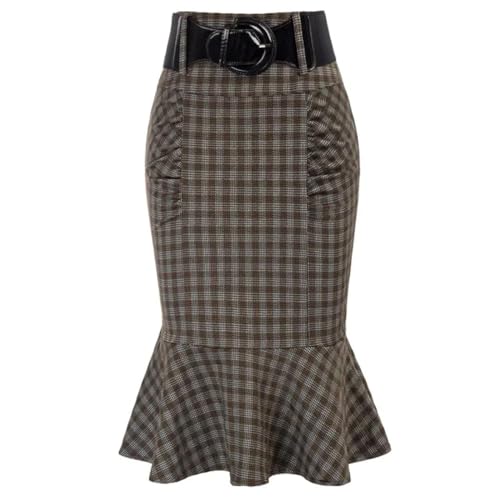 YUECIBAI Hübscher Rock Bleistiftrock Frauen Vintage Meerjungfrau Saum Bodycon Rock Mit Gürtel Mit Schirmband Detail Bleistift Rock Kariert Hohe Taille Büro Damen Arbeits Kleidung M Braun von YUECIBAI