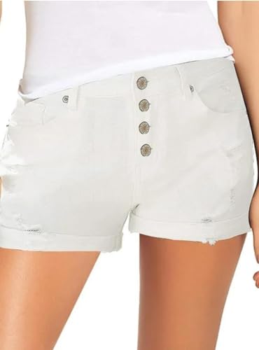 YUECIBAI Jeans Pantalon Jeanshosen Baumwoll-Taille Elastische Jeans-Shorts Damen-Freizeit-Sport-Jeans-Shorts Mit Taschen-Reiß Verschluss 2XL Weiß von YUECIBAI