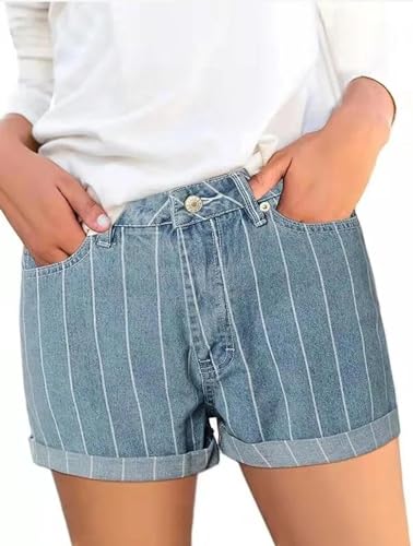 YUECIBAI Jeans Pantalon Jeanshosen Hosen Casual Gestreifte Cuffed Jeans Shorts Damen Jeans Shorts Mit Taschen Damen Street Shorts M Hellblau von YUECIBAI
