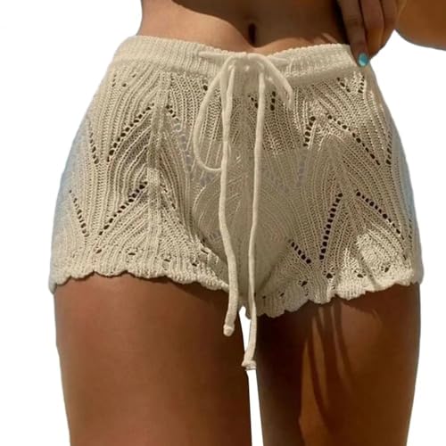 YUECIBAI Shorts Kurze Hose Atmungsaktive Shorts Mit Hoher Taille Gestrickte Schnürsenkel-Strand-Shorts Für Frauen Weich Atmungsaktiv Elastische Taille Einfarbig M Aprikose von YUECIBAI