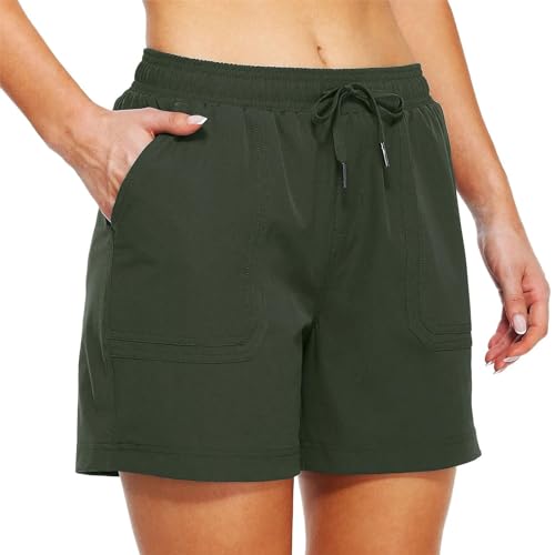 YUECIBAI Shorts Kurze Hose Damen-Fitness-Sport-Shorts Mit Kordel Zug Für Damen-Shorts Mit Mehrfach Taschen-Laufseil-Shorts XL Army Green von YUECIBAI