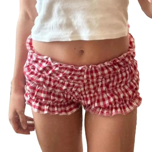 YUECIBAI Shorts Kurze Hose Damen Shorts Lässig Kariert Aufdruck Elastische Taille Kurze Hosen Nachtclub Streetwear M Rot von YUECIBAI