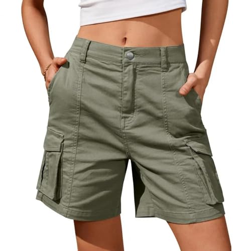 YUECIBAI Shorts Kurze Hose Damen Shorts Mit Hoher Taille Streetwear Hosen Mit Weitem Bein Mode Für Frauen Große Tasche Lose Shorts M ArmyGreen von YUECIBAI
