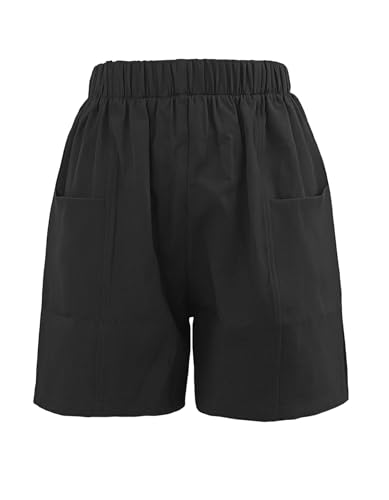 YUECIBAI Shorts Kurze Hose Frauen Sport Shorts Einfarbig Elastische Taille Locker Bequeme Freizeit Taschen Kurze Hosen L Schwarz von YUECIBAI