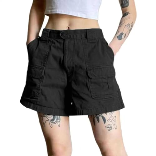 YUECIBAI Shorts Kurze Hose Mode Frauen Vintage Elastische Cargo Shorts Lässig Solide Kurze Overall Hose Für Nachtclub Streetwear L Schwarz von YUECIBAI