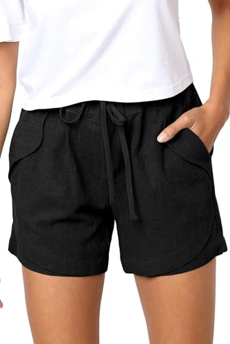 YUECIBAI Shorts Kurze Hose Plus Size Damen Hohe Taille Elastische Baumwoll-Sport-Shorts Mit Spitzen Gürtel XXL Schwarz von YUECIBAI