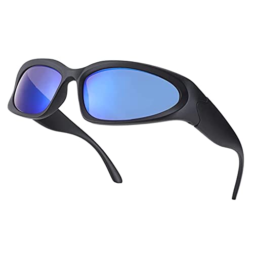 YUELUQU Futuristisch Sonnenbrillen Fahrradbrille für damen herren Y2K Sportbrille UV400 Schutz party brille rennrad brille (Schwarz(R)-Blau(L)) von YUELUQU