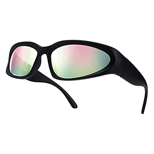 YUELUQU Futuristisch Sonnenbrillen Fahrradbrille für damen herren Y2K Sportbrille UV400 Schutz party brille rennrad brille (Schwarz(R)-Rosa(L)) von YUELUQU