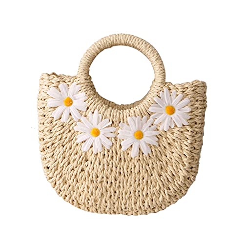 YUEPENGZHI Strohtaschen Strandtasche Damen Strohtasche Gänseblümchen Umhängetasche Hand Kordelzug Mondform Einfache Damen Strandtasche Damen Tasche Beige Kaffee Beige von YUEPENGZHI