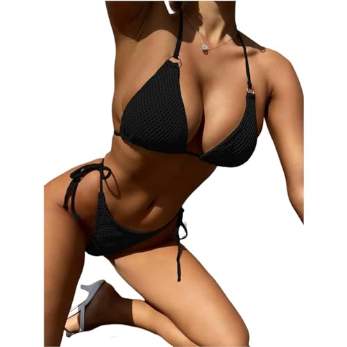 YUHNPSZE Damen-Bikini-Set Mode String Bikini Anzug Sommer Beach Badeanzug Low Taille Bikini Tankini Badeanzug-Stil 2 Schwarz-M von YUHNPSZE