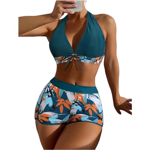 YUHNPSZE Damen-Bikini-Set Printed Strappy Neckholder Split Badeanzug, High-Waisted Shorts Bikini Set, Strand Badeanzug-Druck12-L von YUHNPSZE