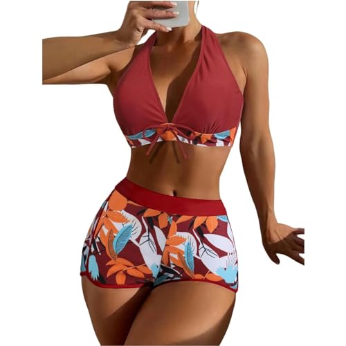YUHNPSZE Damen-Bikini-Set Printed Strappy Neckholder Split Badeanzug, High-Waisted Shorts Bikini Set, Strand Badeanzug-Druck2-L von YUHNPSZE