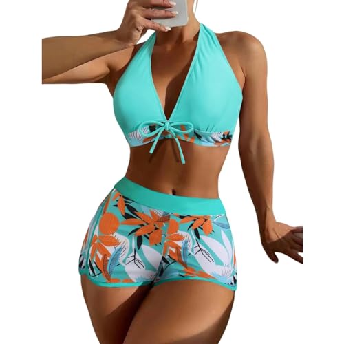 YUHNPSZE Damen-Bikini-Set Printed Strappy Neckholder Split Badeanzug, High-Waisted Shorts Bikini Set, Strand Badeanzug-Druck3-M von YUHNPSZE