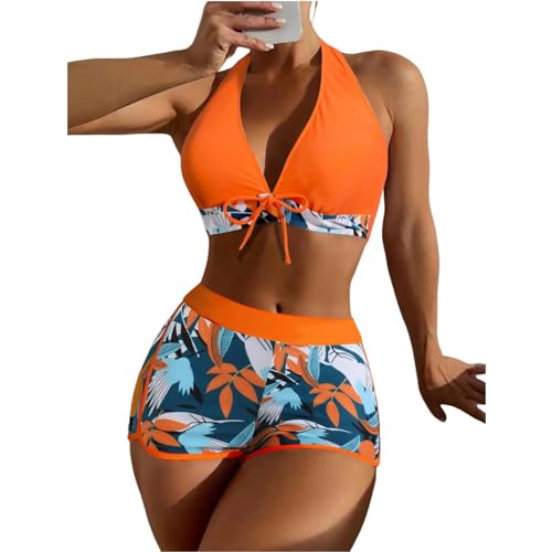 YUHNPSZE Damen-Bikini-Set Printed Strappy Neckholder Split Badeanzug, High-Waisted Shorts Bikini Set, Strand Badeanzug-Druck4Color-Xl von YUHNPSZE