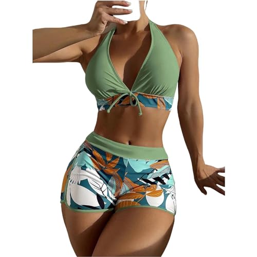 YUHNPSZE Damen-Bikini-Set Printed Strappy Neckholder Split Badeanzug, High-Waisted Shorts Bikini Set, Strand Badeanzug-Druck6-S von YUHNPSZE