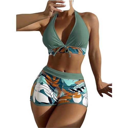 YUHNPSZE Damen-Bikini-Set Printed Strappy Neckholder Split Badeanzug, High-Waisted Shorts Bikini Set, Strand Badeanzug-Druck7-L von YUHNPSZE