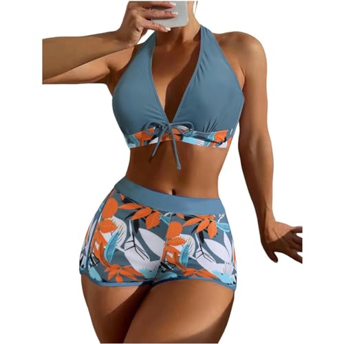 YUHNPSZE Damen-Bikini-Set Printed Strappy Neckholder Split Badeanzug, High-Waisted Shorts Bikini Set, Strand Badeanzug-Druck9-L von YUHNPSZE