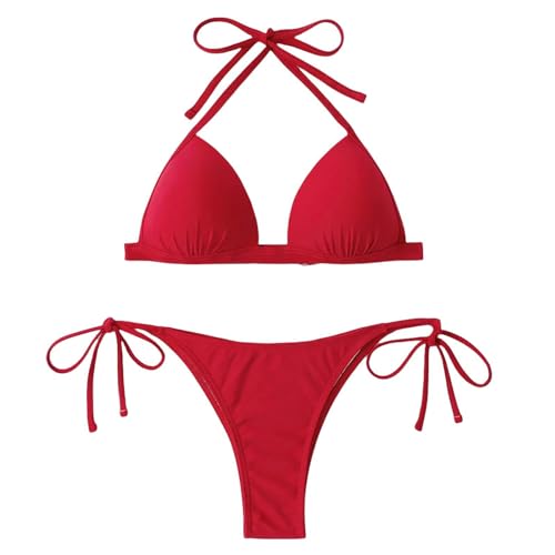 YUHNPSZE Damen-Bikini-Set Tiefer V-Ausschnitt Neckholder Bikini Set, Modischer Niedrig Taillierter Strand Badeanzug, Einfarbige Einfache Bikini Set-Rot-S von YUHNPSZE