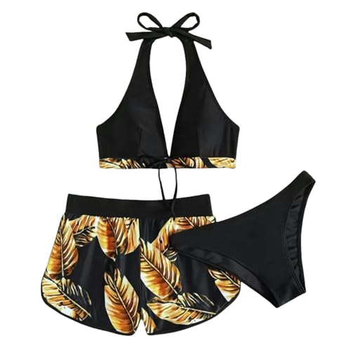 YUHNPSZE Damen-Bikini-Set Tropischer Blatt Print Bikini Dreiteiliger Strand Halfter Hals Tiefen V-Ausschnitt Bikini Badeanzug-Gelb 2-M von YUHNPSZE