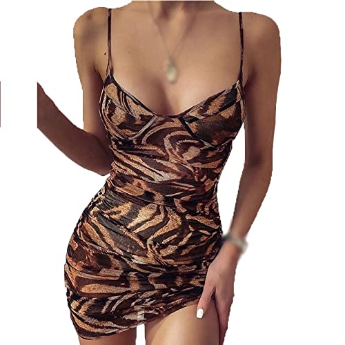YUHOOE Damen Leopard Minikleid,Sexy Slip Low Cut V-Ausschnitt Schlank Ärmellos Rückenfrei Figurbetontes Kleid Mode Lässig Party Nachtclub Kleider,Leopard,S von YUHOOE