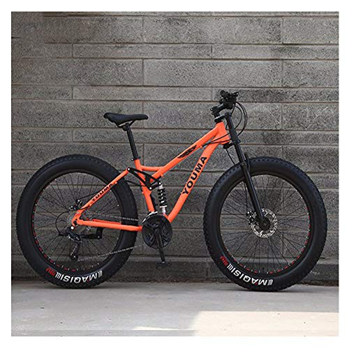 NENGGE MTB 26 Zoll Fette Reifen für Erwachsenen Herren Damen, Vollfederung Mountainbike mit Zwei Scheibenbremsen, Jugend Unisex Kohlenstoffstahl Fahrräder,Orange,21 Speed von YWARX