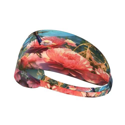 Elastisches Übungs-Stirnband für Damen und Herren, feuchtigkeitsableitend, athletisch, für Laufen, Fitnessstudio, Training, Libellen- und Blumenmuster von YYHHAOFA