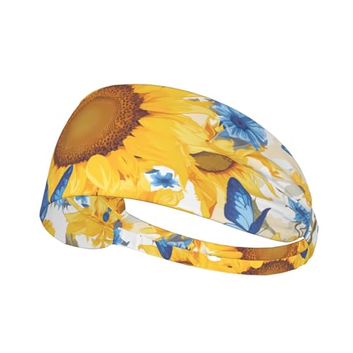 Elastisches Unisex-Sport-Stirnband, feuchtigkeitsableitend, athletisch, für Laufen, Training, Outdoor-Sport, gelbe Sonnenblumen mit blauen Schmetterlingen von YYHWHJDE