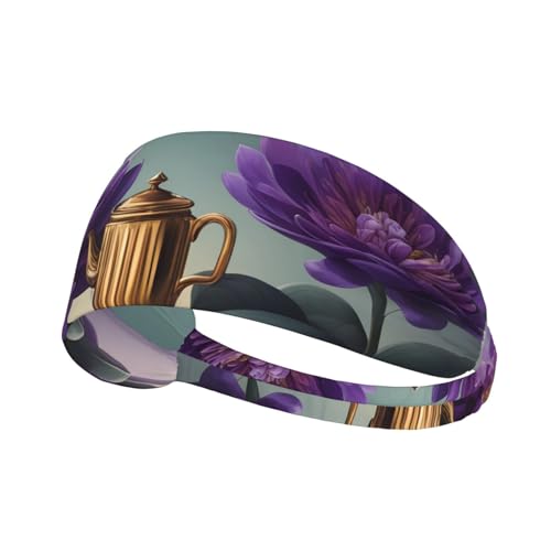 Elastisches Unisex-Sport-Stirnband, feuchtigkeitsableitend, athletisch, für Laufen, Training, Outdoor-Sport, lila und blaugrüne Blumen von YYHWHJDE